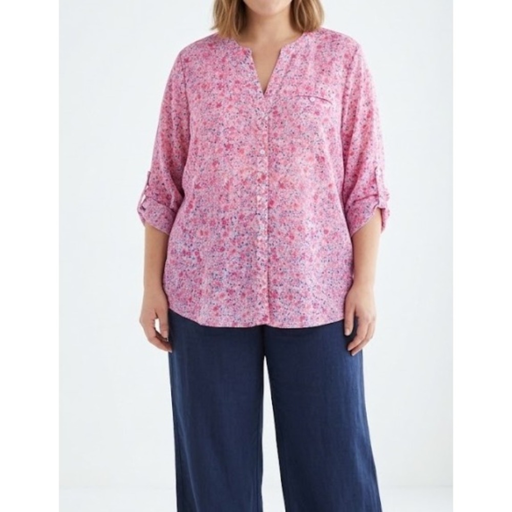 KUT from the Kloth Blouse 2X Pink Blue Floral Roll Tab Button Down Chiffon